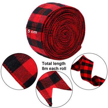 URATOT 2 Rolls Plaid Wired Burlap Ribbon Christmas Wrapping Gingham Ribbon for Christmas Tree Crafts...