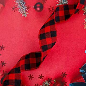 URATOT 2 Rolls Plaid Wired Burlap Ribbon Christmas Wrapping Gingham Ribbon for Christmas Tree Crafts Decoration, Floral Bows Craft