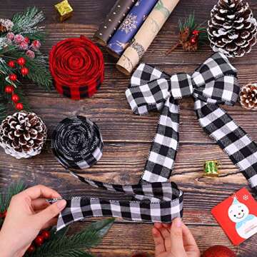URATOT 2 Rolls Plaid Wired Burlap Ribbon Christmas Wrapping Gingham Ribbon for Christmas Tree Crafts Decoration, Floral Bows Craft