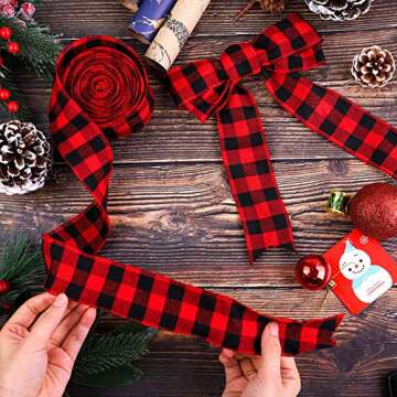 URATOT 2 Rolls Plaid Wired Burlap Ribbon Christmas Wrapping Gingham Ribbon for Christmas Tree Crafts Decoration, Floral Bows Craft