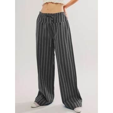 Acelitt Women Casual Striped Color Block Pants Drawstring Elastic Waist 2025 Fall Fashion Comfy Loose Wide Leg Pants Trousers with Pockets Black Large