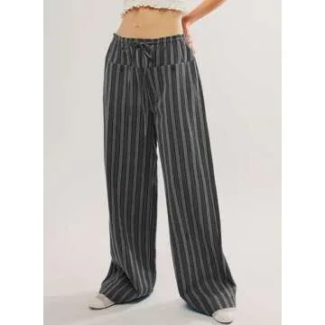 Acelitt Women Casual Striped Color Block Pants Drawstring Elastic Waist 2025 Fall Fashion Comfy Loose Wide Leg Pants Trousers with Pockets Black Large