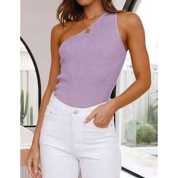 ZESICA Women's One Shoulder Tank Summer Sleeveless T Shirt Ribbed Knit Slim Fit Sexy Casual Basic Tee Tops,Purple,Medium