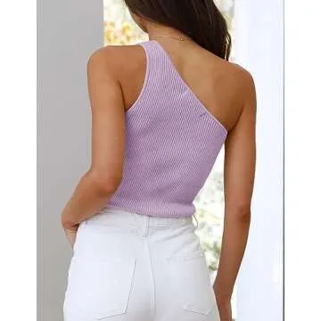 ZESICA Women's One Shoulder Tank Summer Sleeveless T Shirt Ribbed Knit Slim Fit Sexy Casual Basic Tee Tops,Purple,Medium