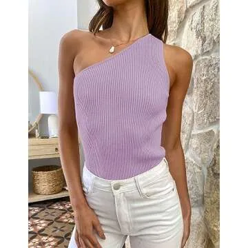 ZESICA Women's One Shoulder Tank Summer Sleeveless T Shirt Ribbed Knit Slim Fit Sexy Casual Basic Tee Tops,Purple,Medium