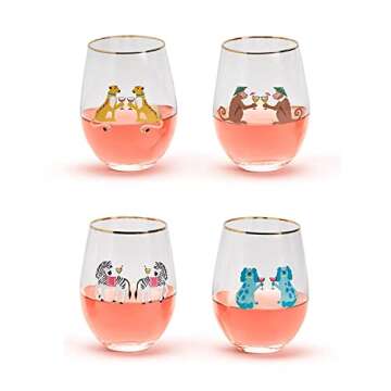 Two's Company Animal Party Set of 4 Stemless Wine Glasses
