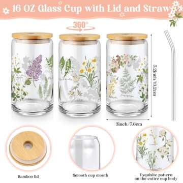 FoldTier 3 Pcs Plant Lover Gifts for Women,Gardener Gift for Mother's Day,16 OZ Plant Iced Coffee Cup with Straw Lid Aesthetic Tote Bag Makeup Bag for Mom Teacher Friend Birthday(White,Flower)