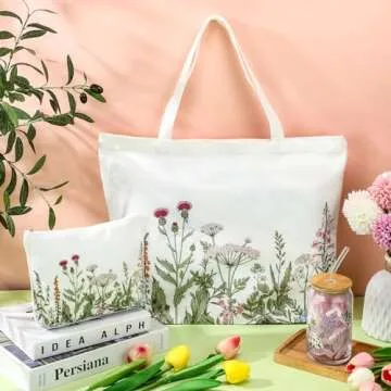 FoldTier 3 Pcs Plant Lover Gifts for Women,Gardener Gift for Mother's Day,16 OZ Plant Iced Coffee Cup with Straw Lid Aesthetic Tote Bag Makeup Bag for Mom Teacher Friend Birthday(White,Flower)