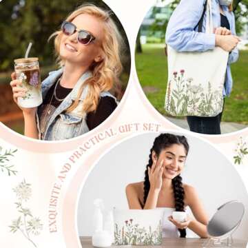 FoldTier 3 Pcs Plant Lover Gifts for Women,Gardener Gift for Mother's Day,16 OZ Plant Iced Coffee Cup with Straw Lid Aesthetic Tote Bag Makeup Bag for Mom Teacher Friend Birthday(White,Flower)