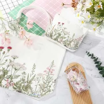 FoldTier 3 Pcs Plant Lover Gifts for Women,Gardener Gift for Mother's Day,16 OZ Plant Iced Coffee Cup with Straw Lid Aesthetic Tote Bag Makeup Bag for Mom Teacher Friend Birthday(White,Flower)