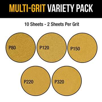 Dura-Gold Premium 9" x 11" Gold Sandpaper, 2 Each 80, 120, 150, 220, 320 Grit Sanding Sheets, 10 Total - Wood Woodworking, Automotive, Cut Use 1/4, 1/3, 1/2 Sheet Finishing Sanders, Hand Sanding Block