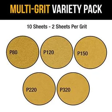 Dura-Gold Premium 9" x 11" Gold Sandpaper, 2 Each 80, 120, 150, 220, 320 Grit Sanding Sheets, 10 Total - Wood Woodworking, Automotive, Cut Use 1/4, 1/3, 1/2 Sheet Finishing Sanders, Hand Sanding Block
