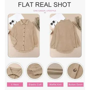 Dokotoo Women's Waffle Knit Shacket Long Sleeve Solid Color Button Down Shirts Boyfriend Loose Fit Batwing Sleeve Blouses for Women Khaki Small