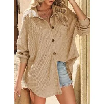 Dokotoo Women's Waffle Knit Shacket Long Sleeve Solid Color Button Down Shirts Boyfriend Loose Fit Batwing Sleeve Blouses for Women Khaki Small