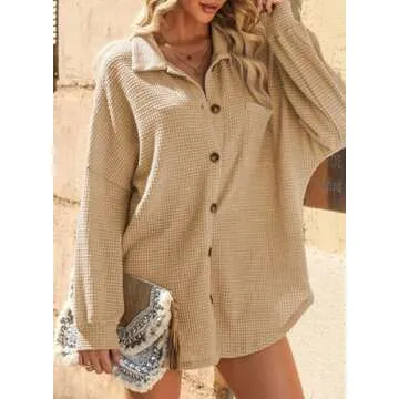 Dokotoo Women's Waffle Knit Shacket Long Sleeve Solid Color Button Down Shirts Boyfriend Loose Fit Batwing Sleeve Blouses for Women Khaki Small