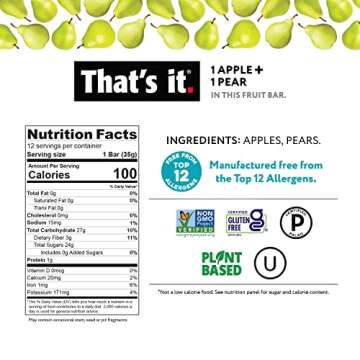 That's it. Apple + Pear 100% Natural Real Fruit Bar, Best High Fiber Vegan, Gluten Free Healthy Snack, Paleo for Children & Adults, Non GMO No Added Sugar, No Preservatives Energy Food (12 Pack)