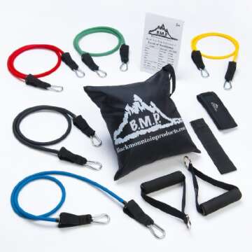 Black Mountain Products Resistance Band Set with Door Anchor, Ankle Strap, Exercise Chart, and Carrying Case, 48"