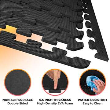 WEISBRANDT Puzzle Exercise Workout Mat, EVA Foam Interlocking Tiles, for Gym, MMA, Home, Workshops, Basement, Fitness Room, Outdoor Areas - 1/2" Black