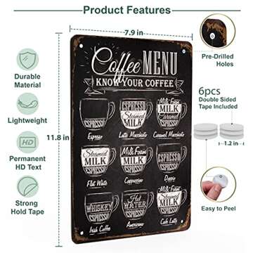 Struck By Design Coffee Menu Sign - 12x8in w/ 6pcs Double Sided Tape Easy to Hang Bar Accessories Trendy Farmhouse Decor for Kitchen or Shelf