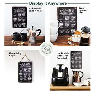 Struck By Design Coffee Menu Sign - 12x8in w/ 6pcs Double Sided Tape Easy to Hang Bar Accessories Trendy Farmhouse Decor for Kitchen or Shelf