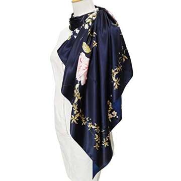 vabovin 35 inches Large Satin Square Silk Feeling Hair Scarf Wrap Headscarf For Women (Navy Blue Peony Flowers)