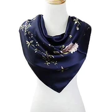 vabovin 35 inches Large Satin Square Silk Feeling Hair Scarf Wrap Headscarf For Women (Navy Blue Peony Flowers)