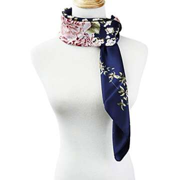 vabovin 35 inches Large Satin Square Silk Feeling Hair Scarf Wrap Headscarf For Women (Navy Blue Peony Flowers)