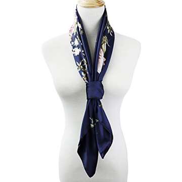 vabovin 35 inches Large Satin Square Silk Feeling Hair Scarf Wrap Headscarf For Women (Navy Blue Peony Flowers)