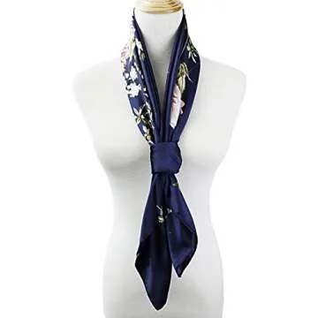 vabovin 35 inches Large Satin Square Silk Feeling Hair Scarf Wrap Headscarf For Women (Navy Blue Peony Flowers)