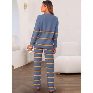 Caracilia Women's 2 Piece Outfits Sweater Sets Striped Oversized Sweaters Knit Wide Leg Pant Lounge Set 2024 Fall Outfits Dusty Blue M
