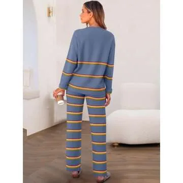 Caracilia Women's 2 Piece Outfits Sweater Sets Striped Oversized Sweaters Knit Wide Leg Pant Lounge Set 2024 Fall Outfits Dusty Blue M