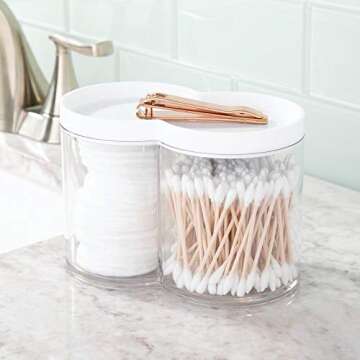 mDesign Plastic Canister Jar Organizer Set with Storage Lid - Home Decor Holder for Bathroom/Restroom Vanity Countertop, Cabinet - Holds Cotton Balls, Soap - Lumiere Collection - Clear/White