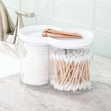 mDesign Plastic Canister Jar Organizer Set with Storage Lid - Home Decor Holder for Bathroom/Restroom Vanity Countertop, Cabinet - Holds Cotton Balls, Soap - Lumiere Collection - Clear/White