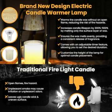 AYL Candle Warmer Lamp with Timer - Electric Wax Melt Warmer for Scented Wax, Wax Melts, Jar Candles - Adjustable Brightness & Height - Apartment Vintage Decor