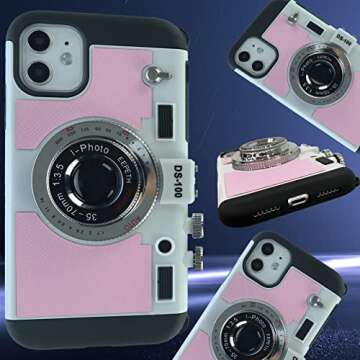 Mscomft Emily in Paris Phone Case for iPhone 11 pro, Emily in Paris Phone case, 3D Cool Unique Vintage Camera Design Case That Looks Like a Camera,with Removable Neck Strap Lanyard Pink