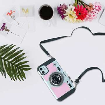 Mscomft Emily in Paris Phone Case for iPhone 11 pro, Emily in Paris Phone case, 3D Cool Unique Vintage Camera Design Case That Looks Like a Camera,with Removable Neck Strap Lanyard Pink