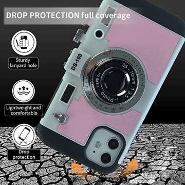 Mscomft Emily in Paris Phone Case for iPhone 11 pro, Emily in Paris Phone case, 3D Cool Unique Vintage Camera Design Case That Looks Like a Camera,with Removable Neck Strap Lanyard Pink