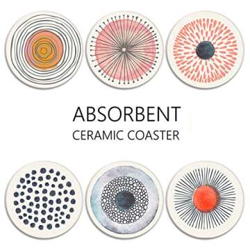 Britimes Coaster for Drinks Set of 6, Watercolor Doodle Circles Flower Absorbent Round Ceramic Stone Mat, with Cork Base and Metal Holder, Gift for Housewarming Room Bar Decor
