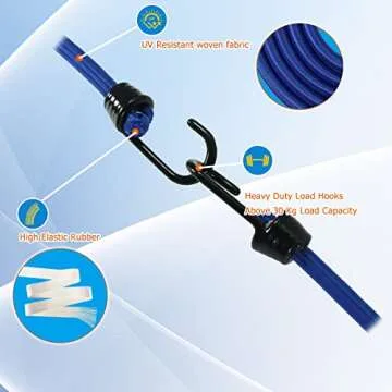Joneaz Rubber Bungee Cords with Metal Hooks Heavy Duty Outdoor 48 inch, 4 Pack 10mm Blue Marine Grade Cord, Plastic Dip Coating Process Hooks
