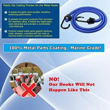 Joneaz Rubber Bungee Cords with Metal Hooks Heavy Duty Outdoor 48 inch, 4 Pack 10mm Blue Marine Grade Cord, Plastic Dip Coating Process Hooks