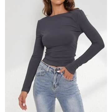 SAFRISIOR Women Open Back Long Sleeves Cropped Tee Top Slim Fitted Sexy Basic Solid Crew Neck Going Out Causal Crop Shirt Grey