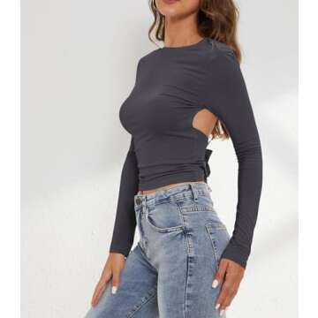 SAFRISIOR Women Open Back Long Sleeves Cropped Tee Top Slim Fitted Sexy Basic Solid Crew Neck Going Out Causal Crop Shirt Grey