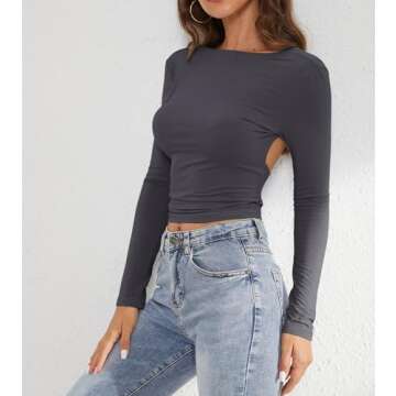 SAFRISIOR Women Open Back Long Sleeves Cropped Tee Top Slim Fitted Sexy Basic Solid Crew Neck Going Out Causal Crop Shirt Grey