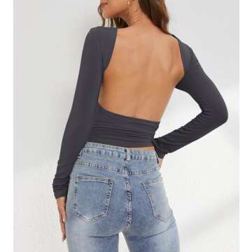 SAFRISIOR Women Open Back Long Sleeves Cropped Tee Top Slim Fitted Sexy Basic Solid Crew Neck Going Out Causal Crop Shirt Grey