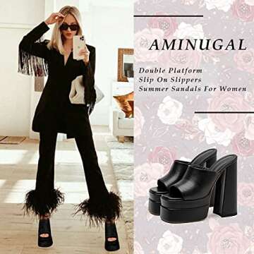 AMINUGAL Womens Chunky High Heel Sandals Double Platform Slip On Slippers Open Square Toe Comfortable Summer Sandals For Women