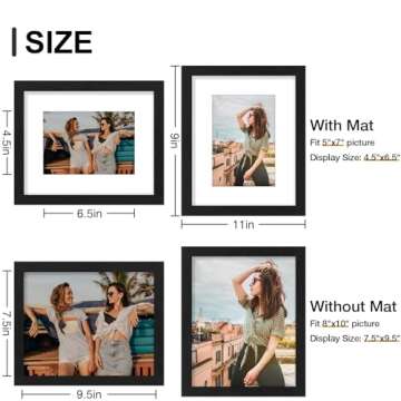Vittanly 8x10 Picture Frames Set of 9, Shatter Resistant Plexiglass, Display 5x7 Pictures with Mat or 8x10 without Mat, Photo Frames for Wall or Tabletop, Engineered Wood, Black
