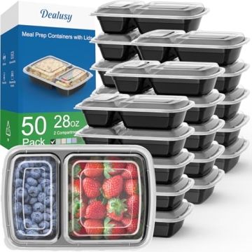 50 Pack (100-Piece) 28 oz Meal Prep Containers Reusable with Lids 2-Compartment, Sturdy Leakproof Fo...