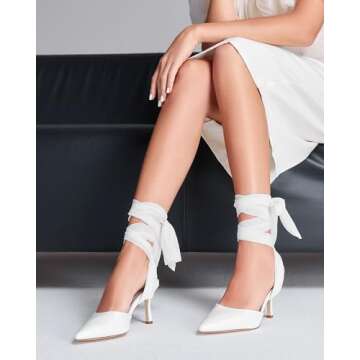 Womens Lace up Satin Heels Bow Pointed Closed Toe Bridal Dress Shoes Low Heel Wedding Elegant Pumps, White, Size 7