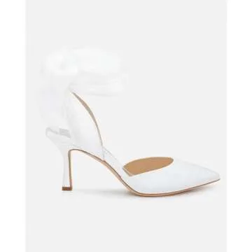 Womens Lace up Satin Heels Bow Pointed Closed Toe Bridal Dress Shoes Low Heel Wedding Elegant Pumps, White, Size 7