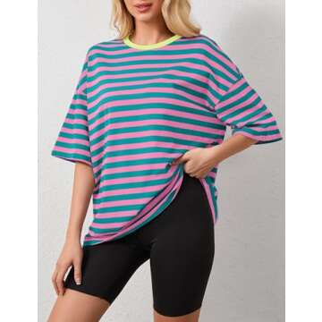ACCPUR Women Oversized Striped Short Sleeve T-Shirts Color Block Crew Neck Basic Shirt Casual Summer Tee Tops Pink Green